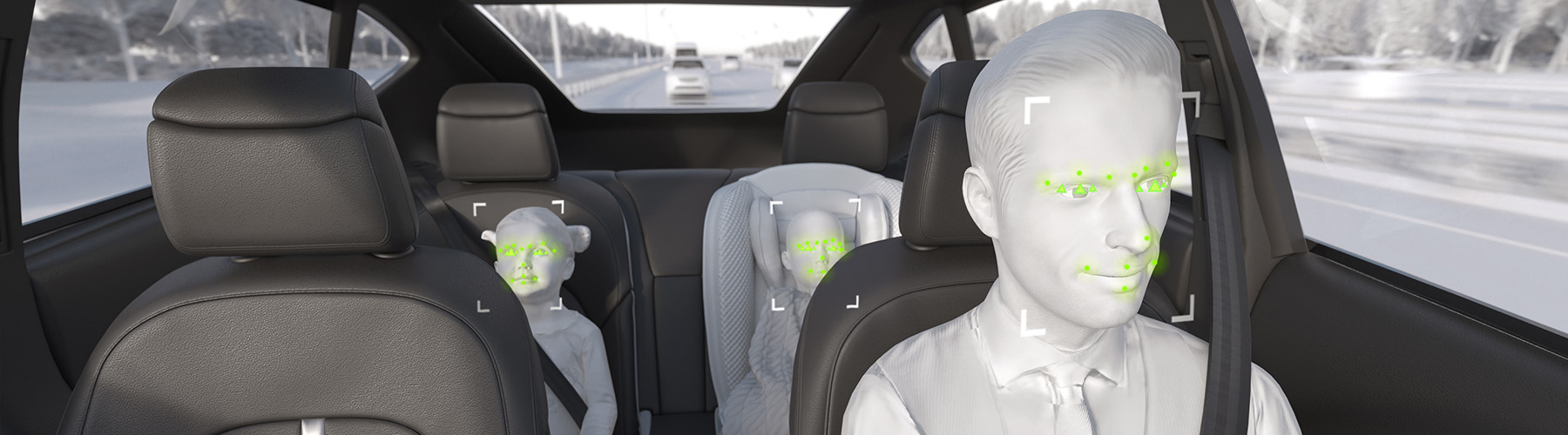 Animation of a person driving a vehicle with two children in the back seat. The driver monitoring system tracking their alertness.