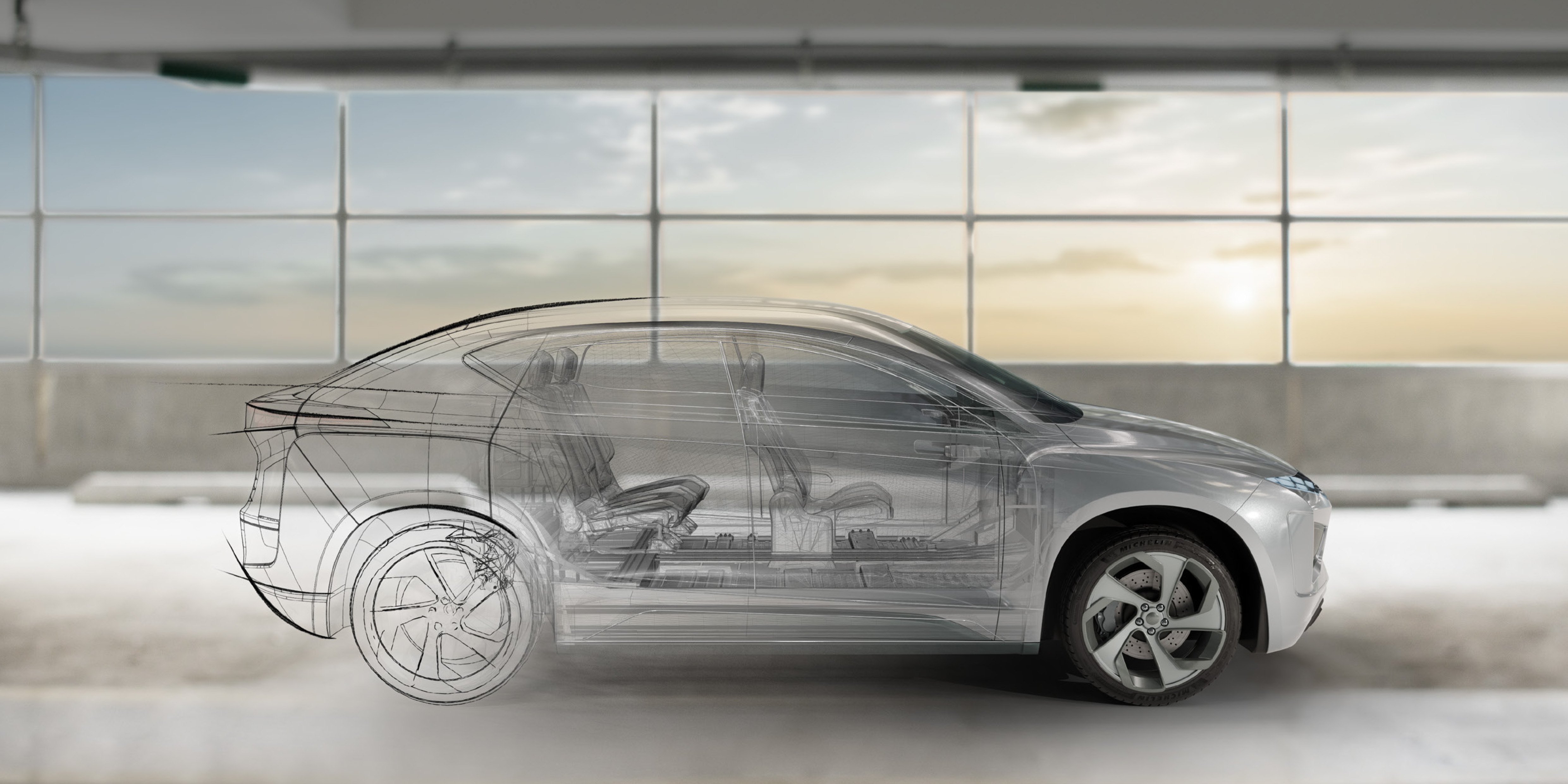 Transparent side view of a modern electric car with visible internal components